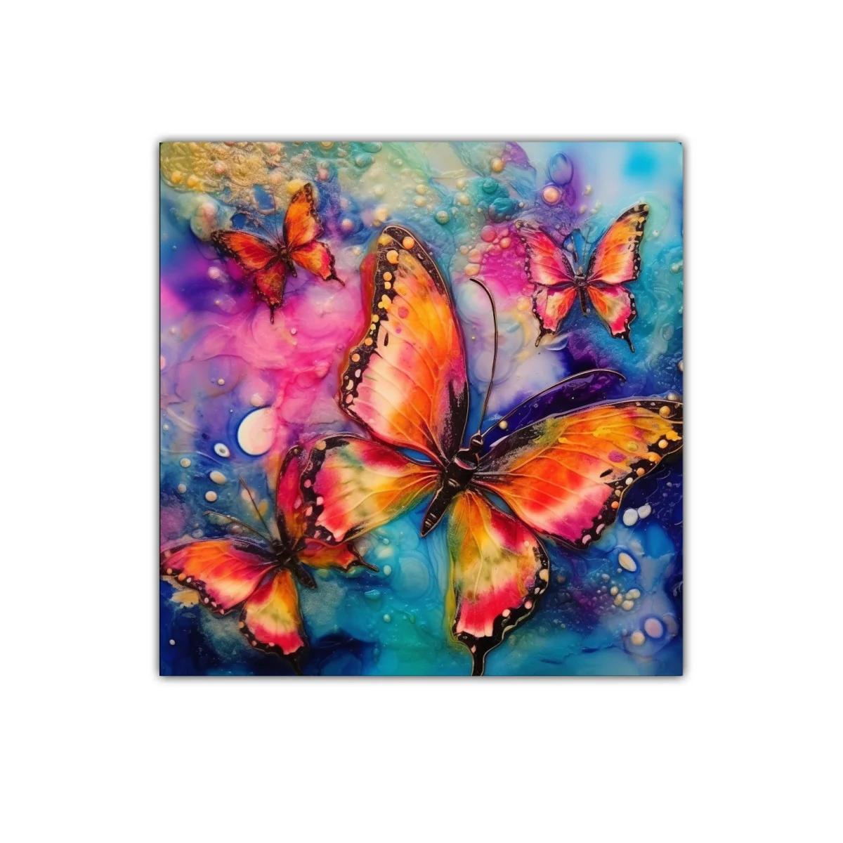 Mariposas vibrantes en vuelo sobre fondo abstracto colorido