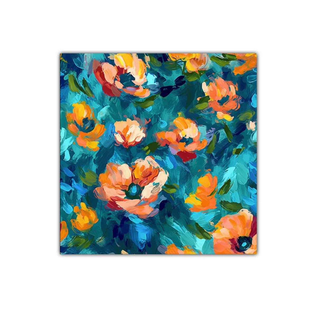 Cuadro con flores vibrantes en tonos azules y naranjas — imagen principal