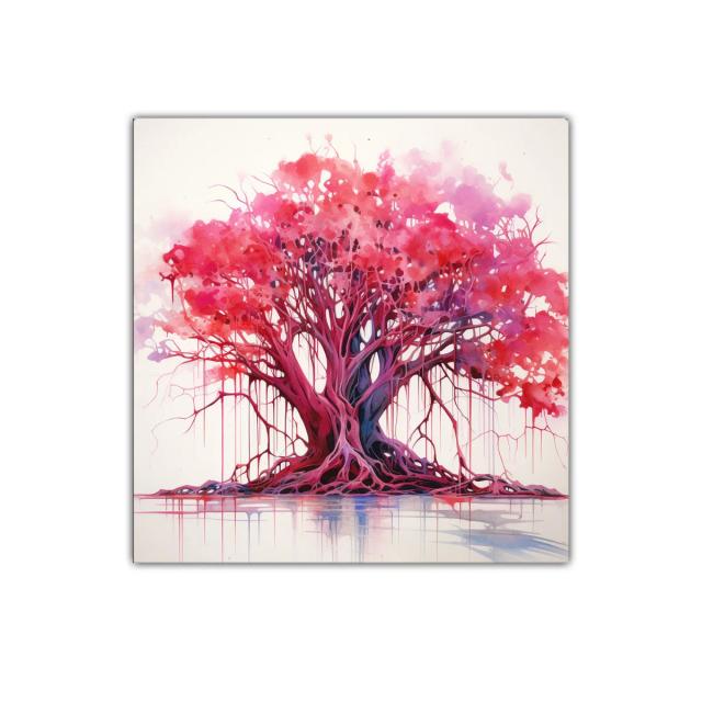 Árbol vibrante con tonos rojos y morados en composición fluida