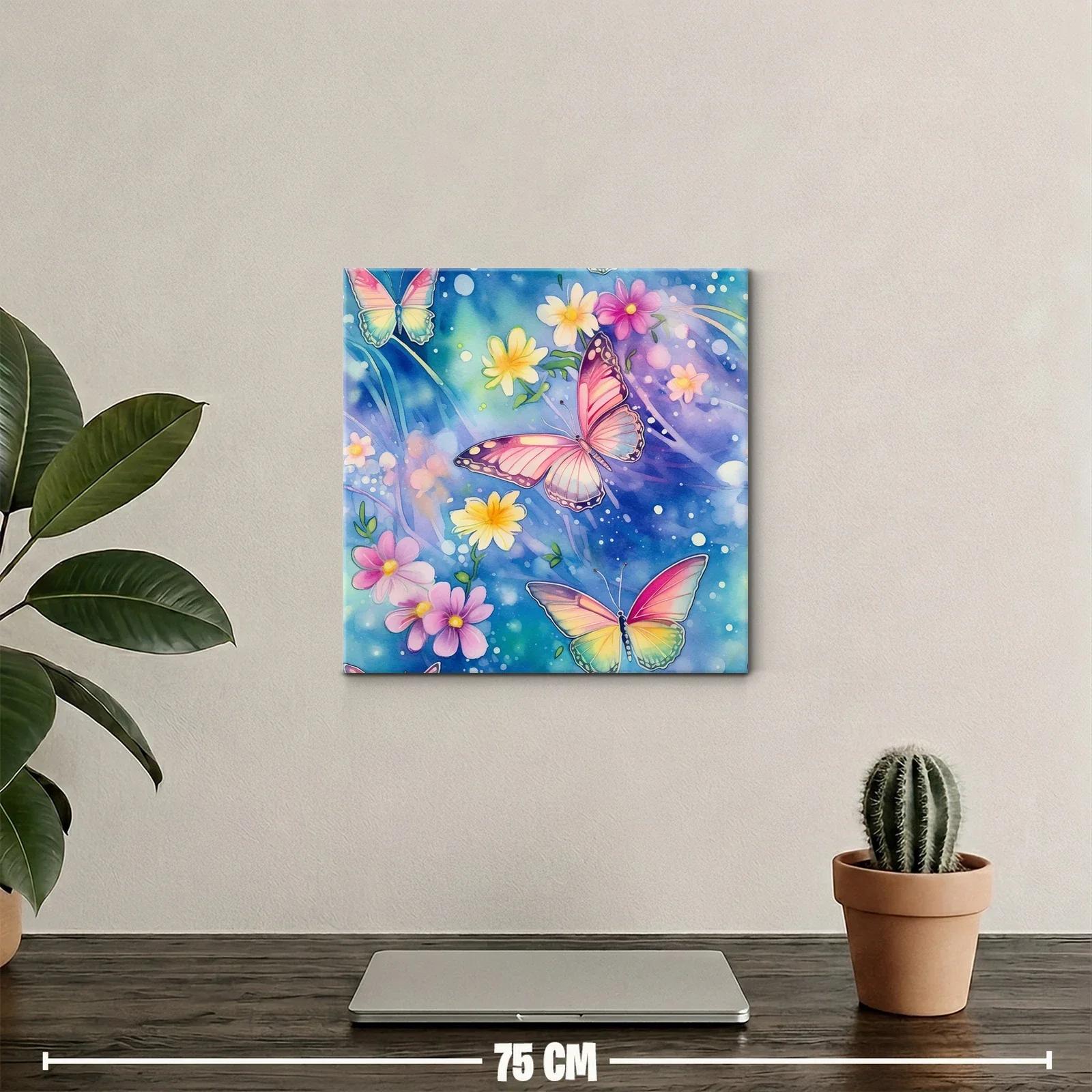 Mariposas y flores en tonos pastel sobre fondo azul — miniatura 2