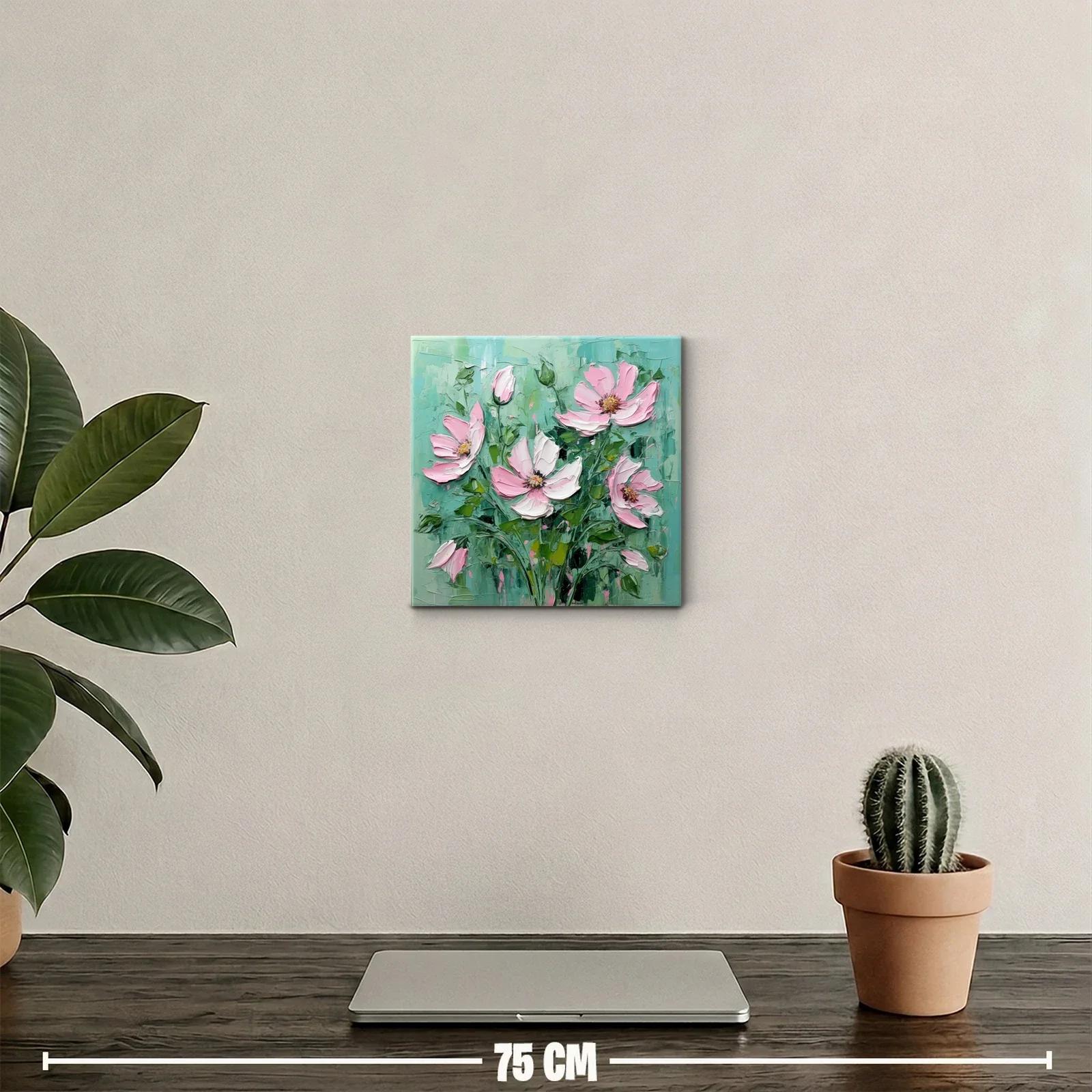 Cuadro floral con flores rosas y fondo verde — miniatura 2