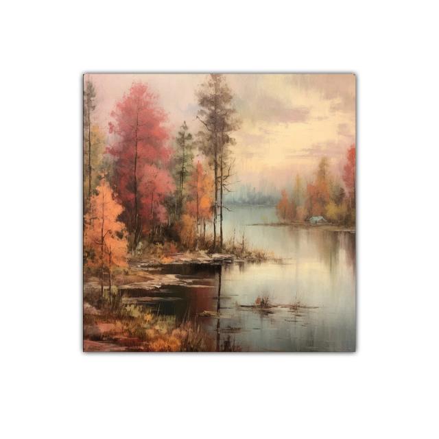 Paisaje otoñal con lago y árboles en tonos cálidos