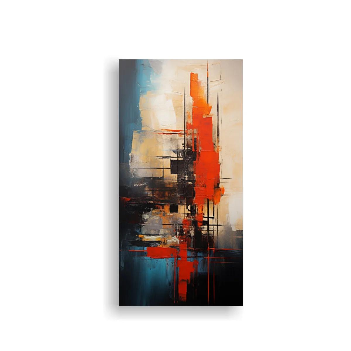 Cuadro abstracto vertical con franja naranja y líneas urbanas