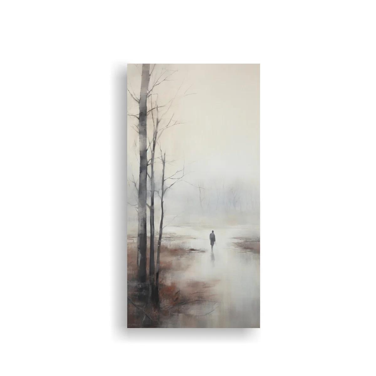 Cuadro figura humana solitaria junto al agua entre niebla — imagen principal