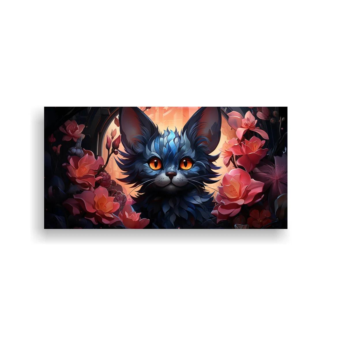 Cuadro gatito negro de ojos naranjas entre flores