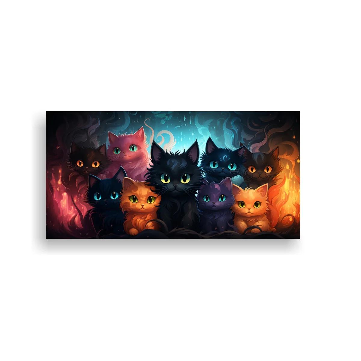 Cuadro grupo de gatos con remolinos de humo y llamas