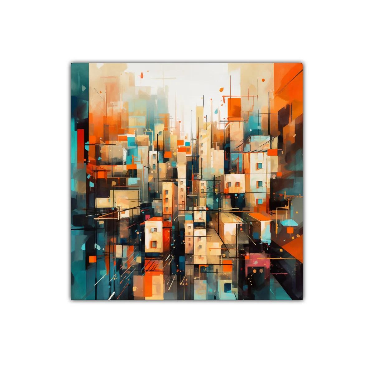 Cuadro urbano abstracto con colores cálidos y fríos vibrantes — imagen principal