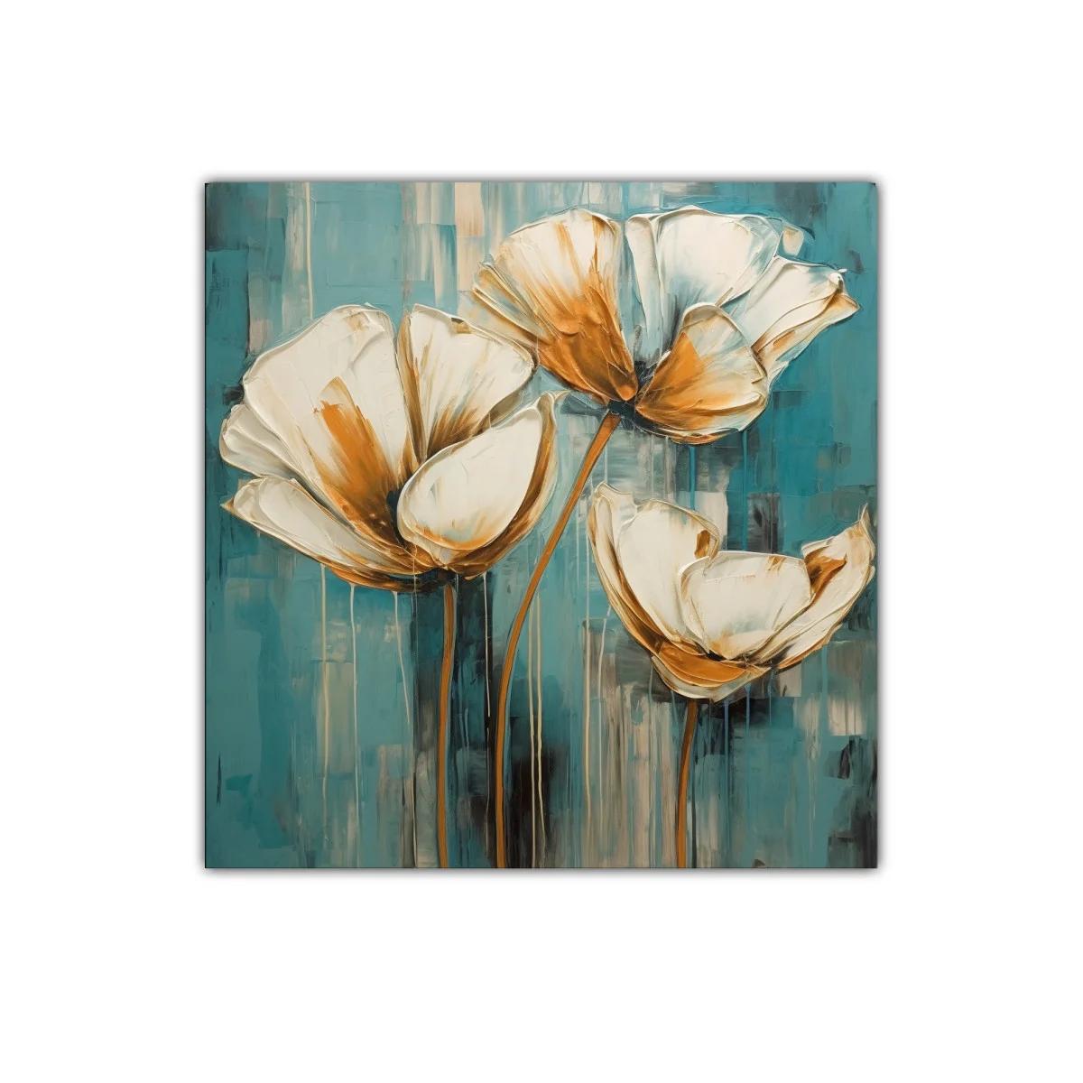 Cuadro decorativo con flores en tonos cálidos y fondo azul — imagen principal