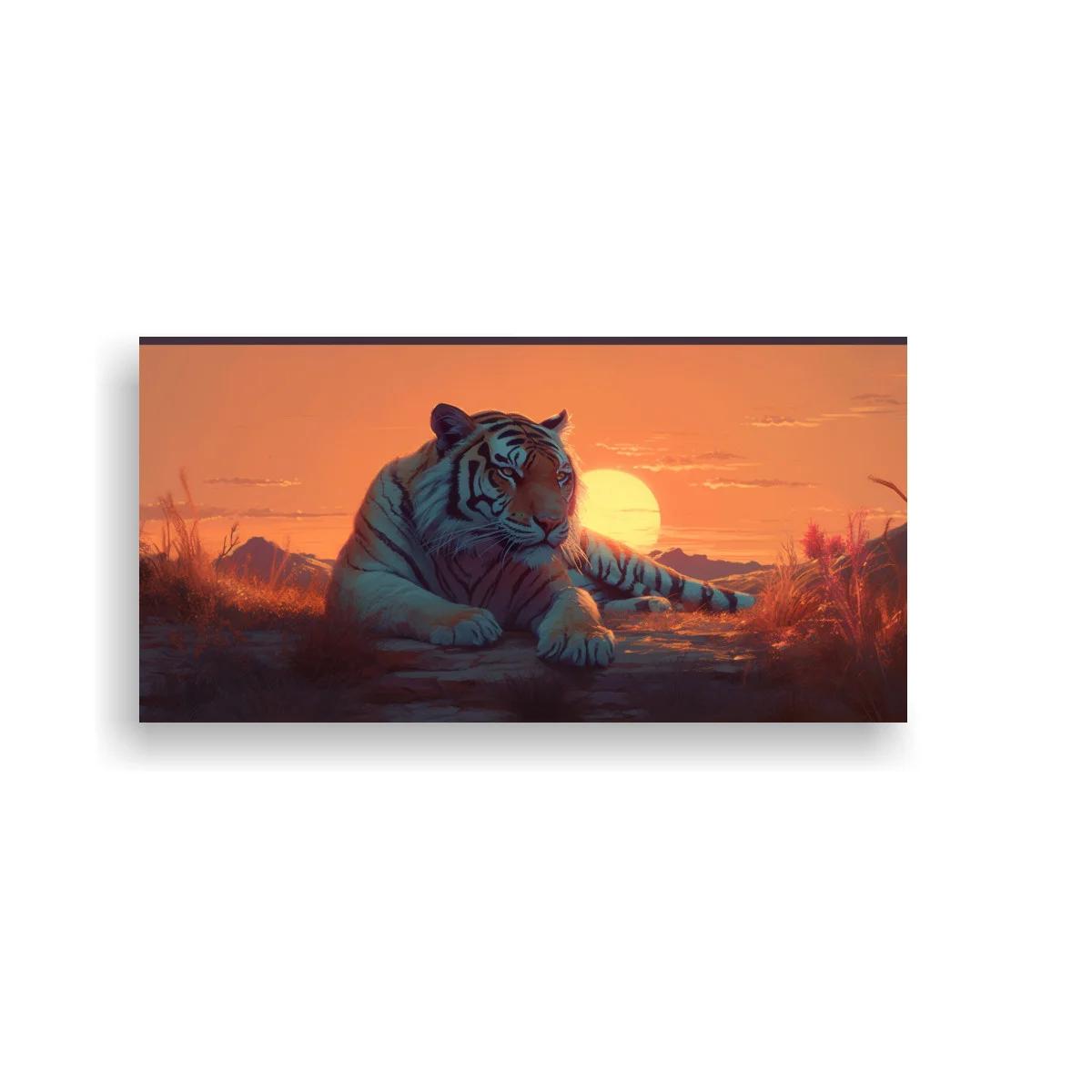Cuadro tigre blanco recostado con sol de atardecer