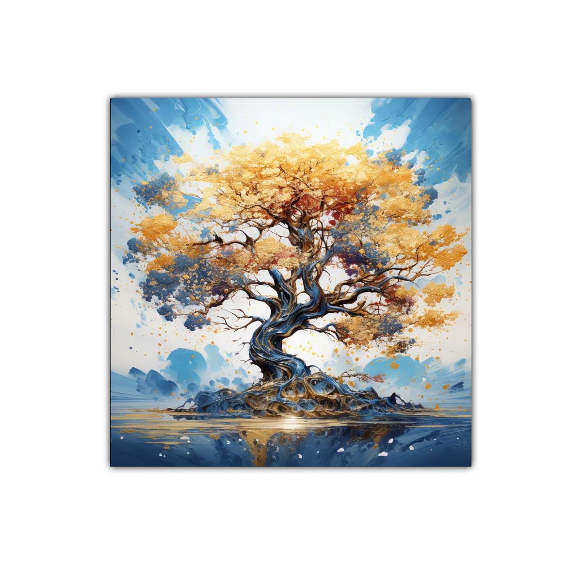 Árbol dorado con ramas en espiral sobre fondo azul — imagen principal