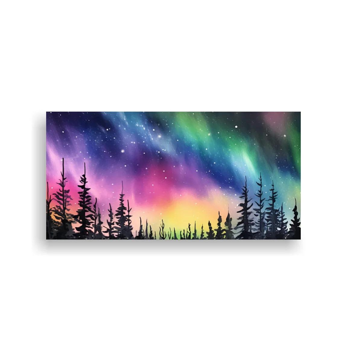 Cuadro aurora boreal sobre bosque de pinos con cielo multicolor