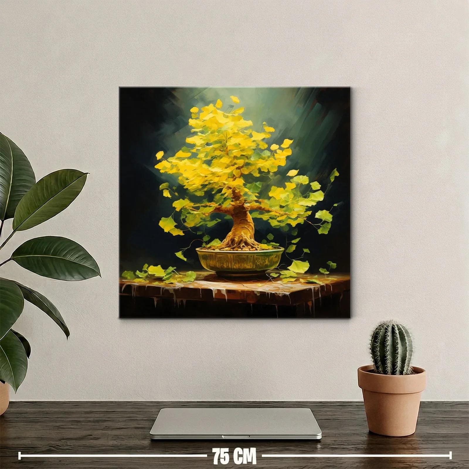 Árbol bonsái con hojas doradas vibrantes sobre mesa rústica — miniatura 2