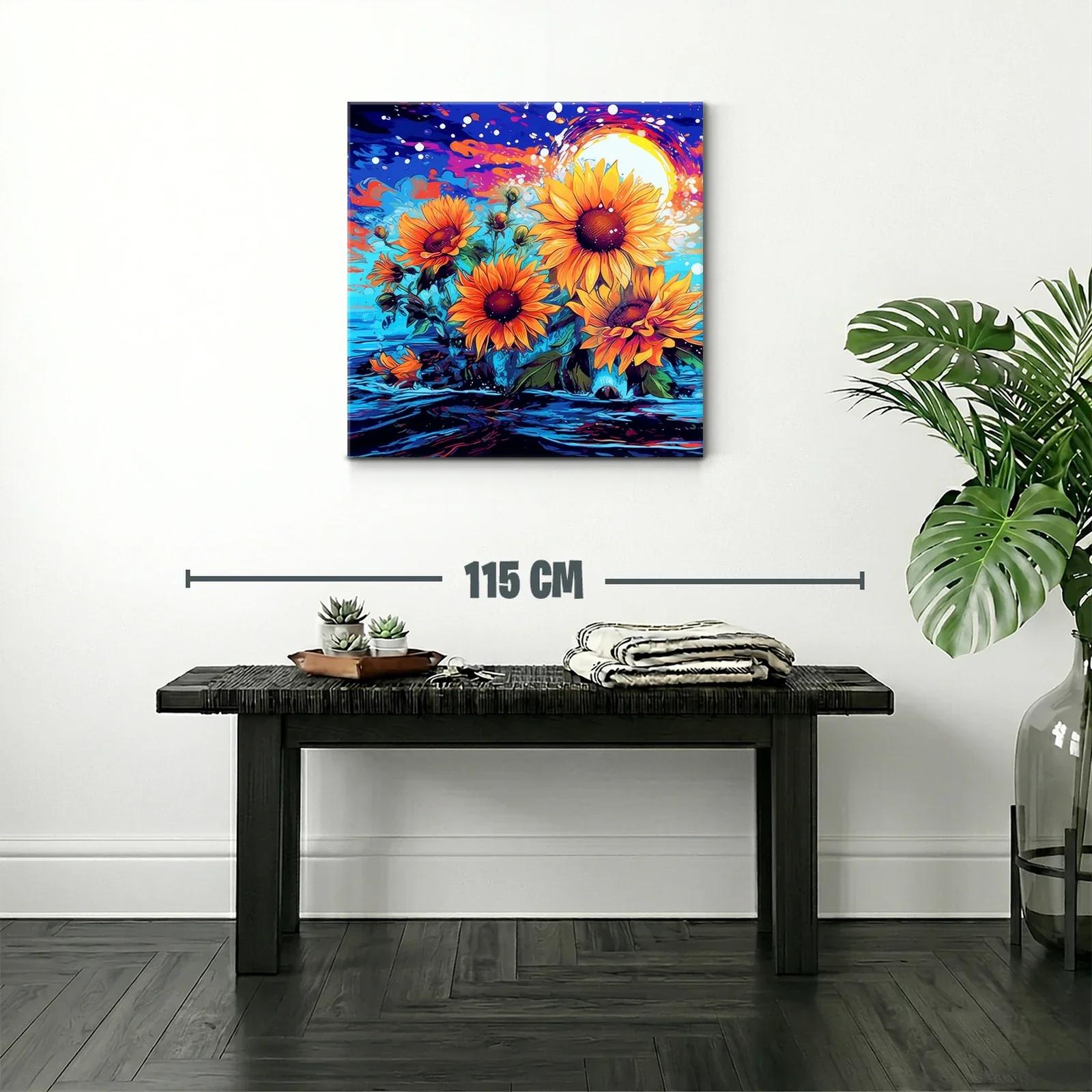 Cuadro vibrante de girasoles con fondo azul y naranja — miniatura 2