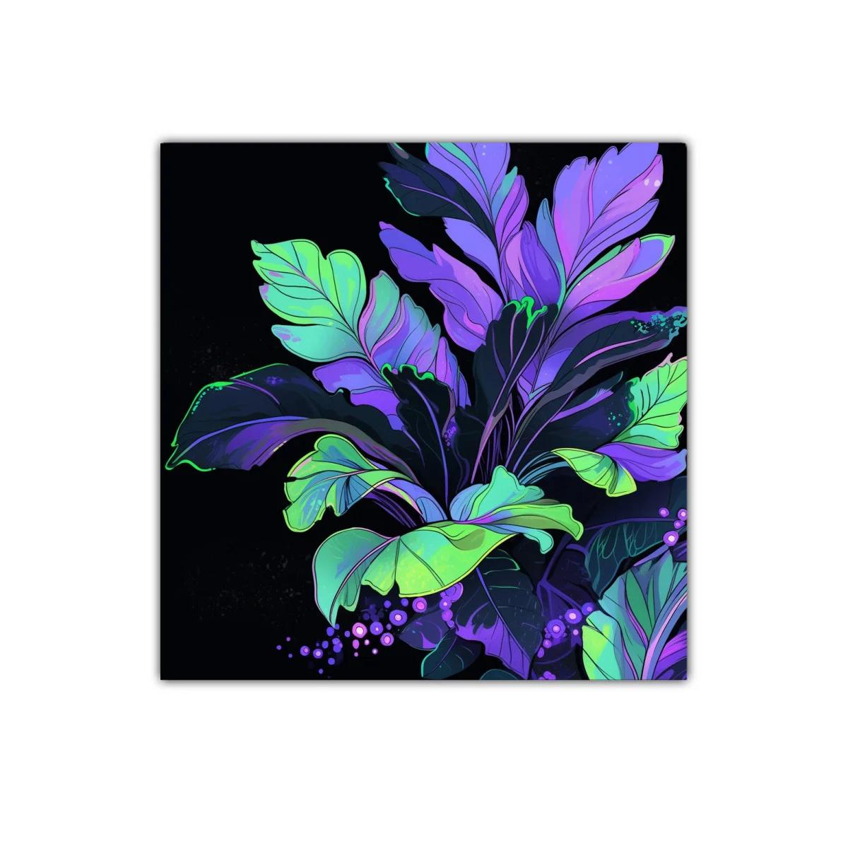 Cuadro decorativo con hojas vibrantes en tonos morados y verdes — imagen principal