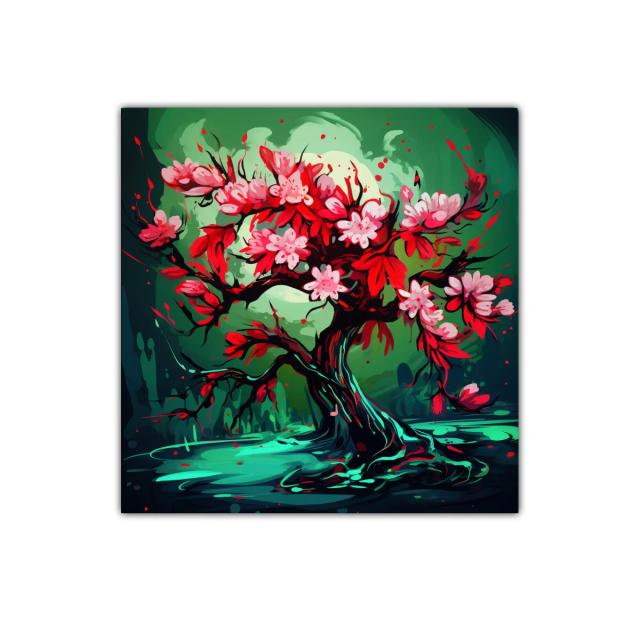 Árbol floreciente con vibrantes tonos rojos y verdes