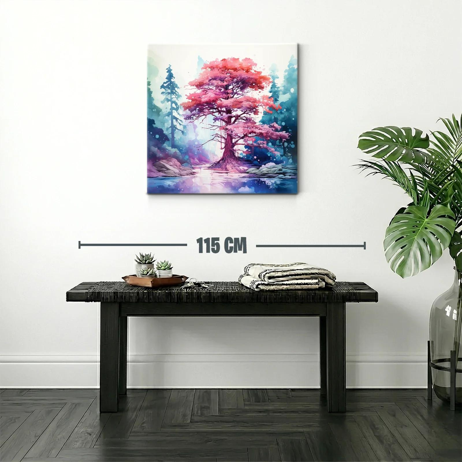Árbol rosa mágico entre bosque azul y lago tranquilo — miniatura 2