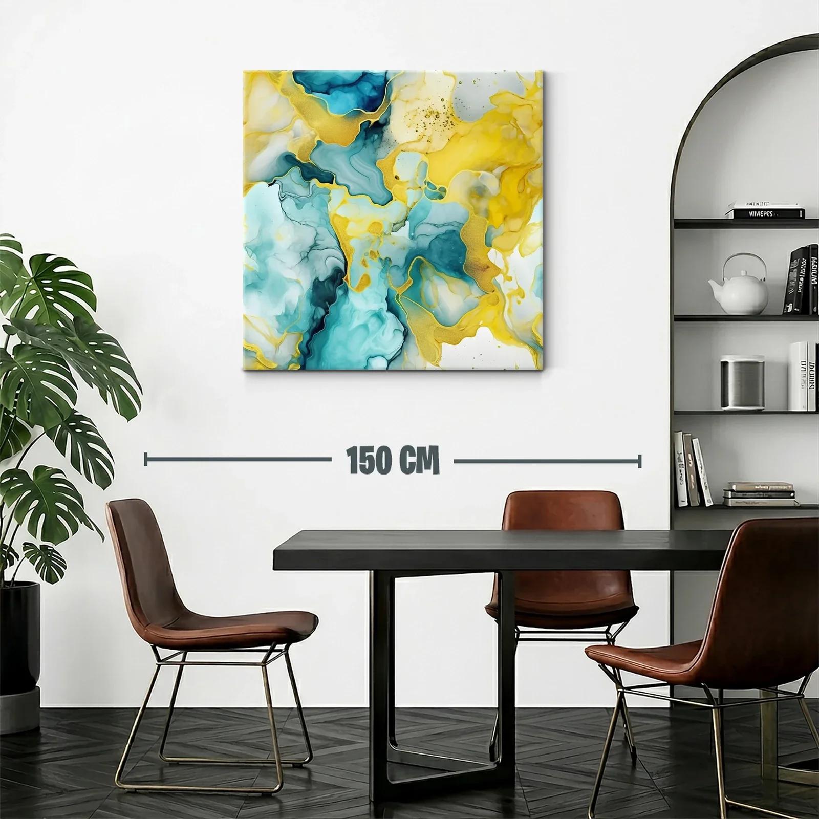 Cuadro abstracto con tonos turquesa y dorados vibrantes — miniatura 2