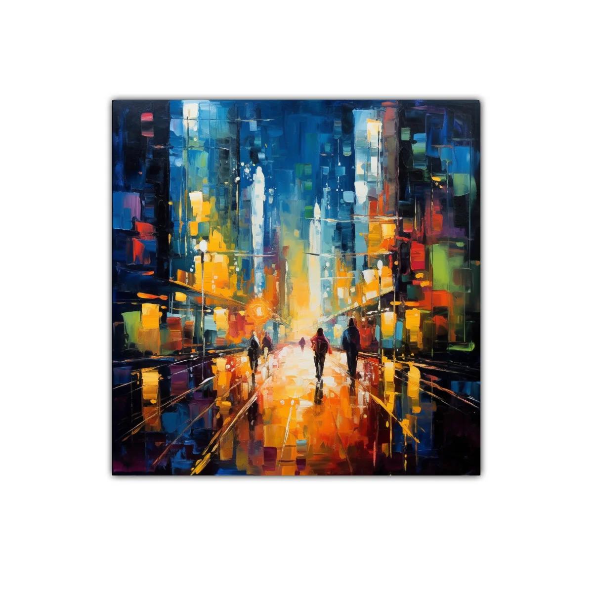 Calle iluminada con siluetas urbanas al atardecer vibrante — miniatura 1