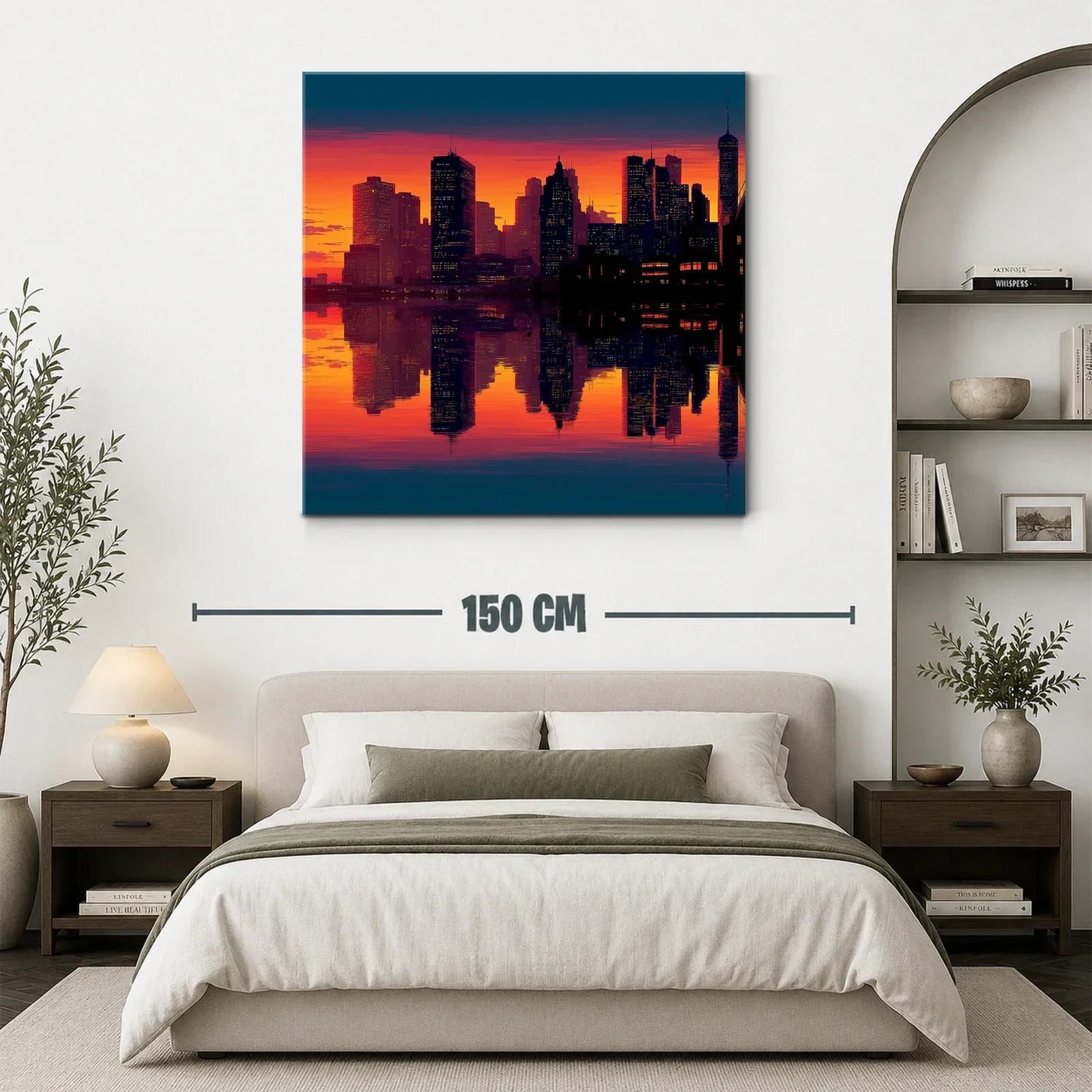 Atardecer vibrante sobre ciudad con reflejo en agua — miniatura 3