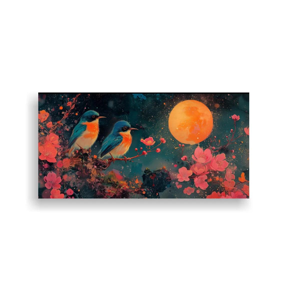 Cuadro pareja de pájaros azules con luna llena brillante — imagen principal