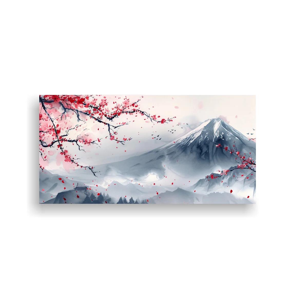 Cuadro Monte Fuji con ramas de cerezo y niebla