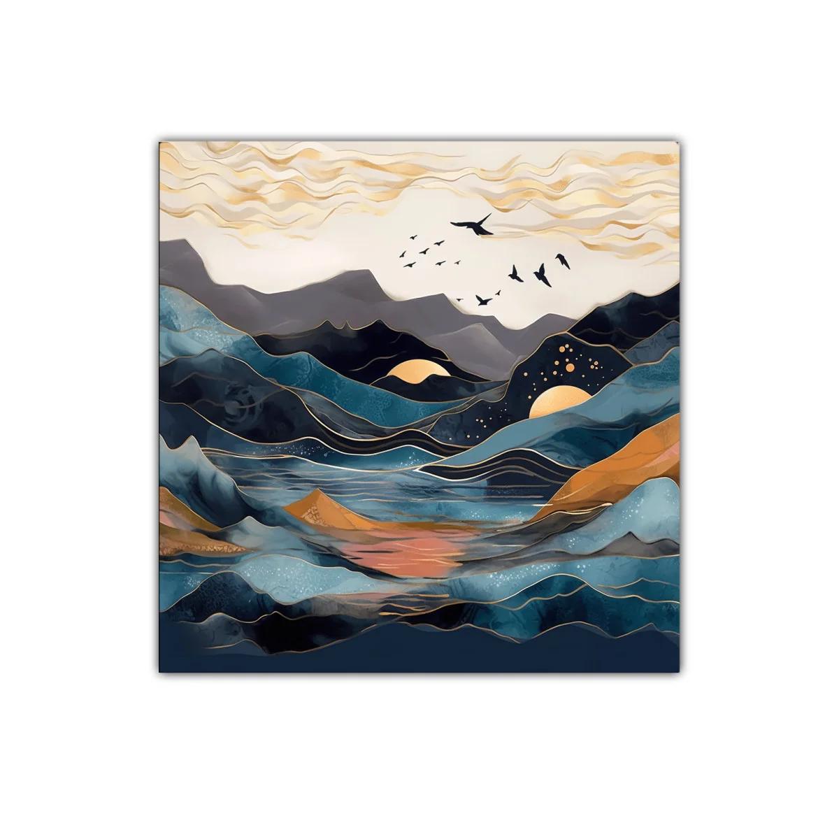 Paisaje abstracto con montañas y aves en tonos azules y dorados — imagen principal