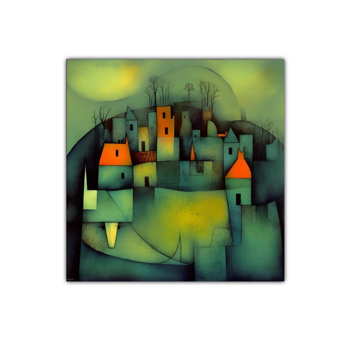 Pueblo abstracto con luces cálidas y ambiente misterioso