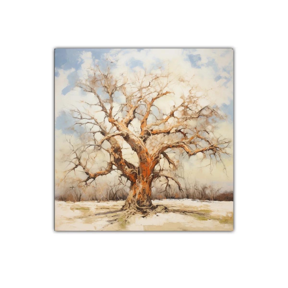 Árbol solitario con tonos cálidos y fondo nevado