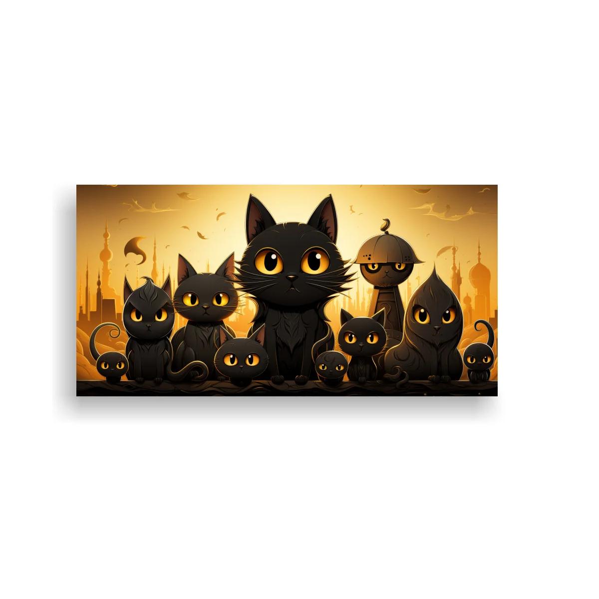 Cuadro gatos negros con muñeco tipo espantapájaros