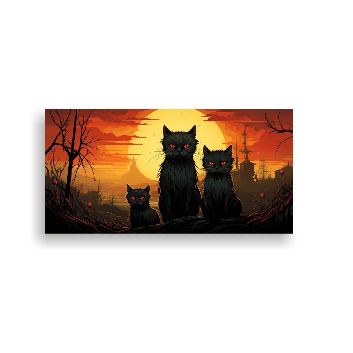 Cuadro tres gatos negros de ojos rojos al atardecer