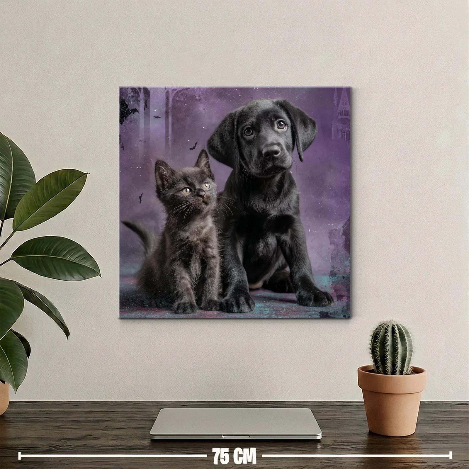 Tierno cuadro de cachorro y gatito sobre fondo violeta — miniatura 2