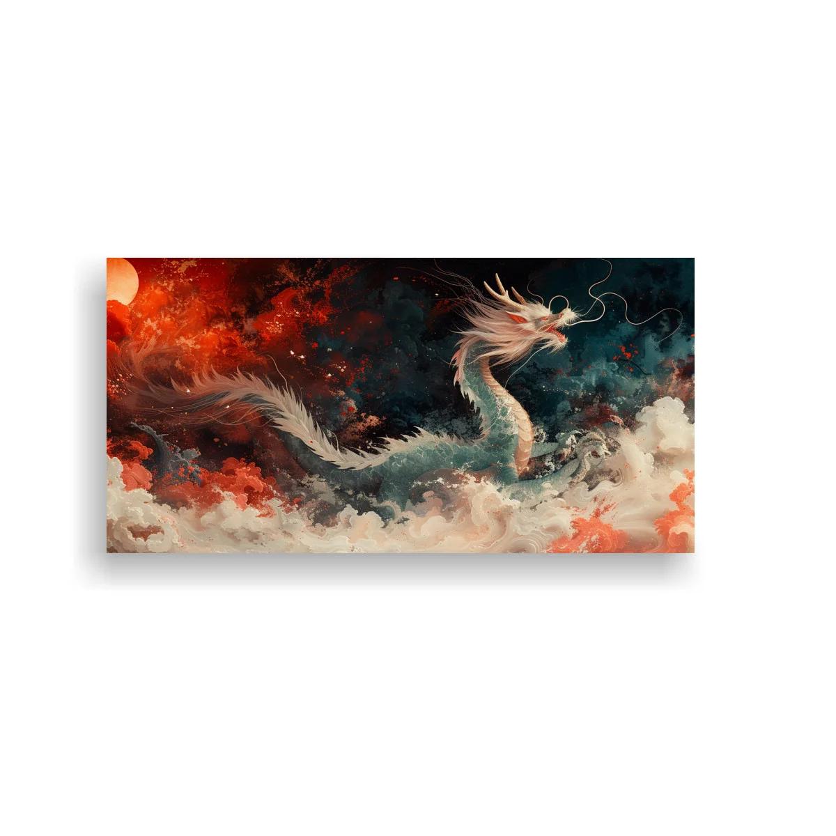 Cuadro dragón chino blanco con sol rojo intenso
