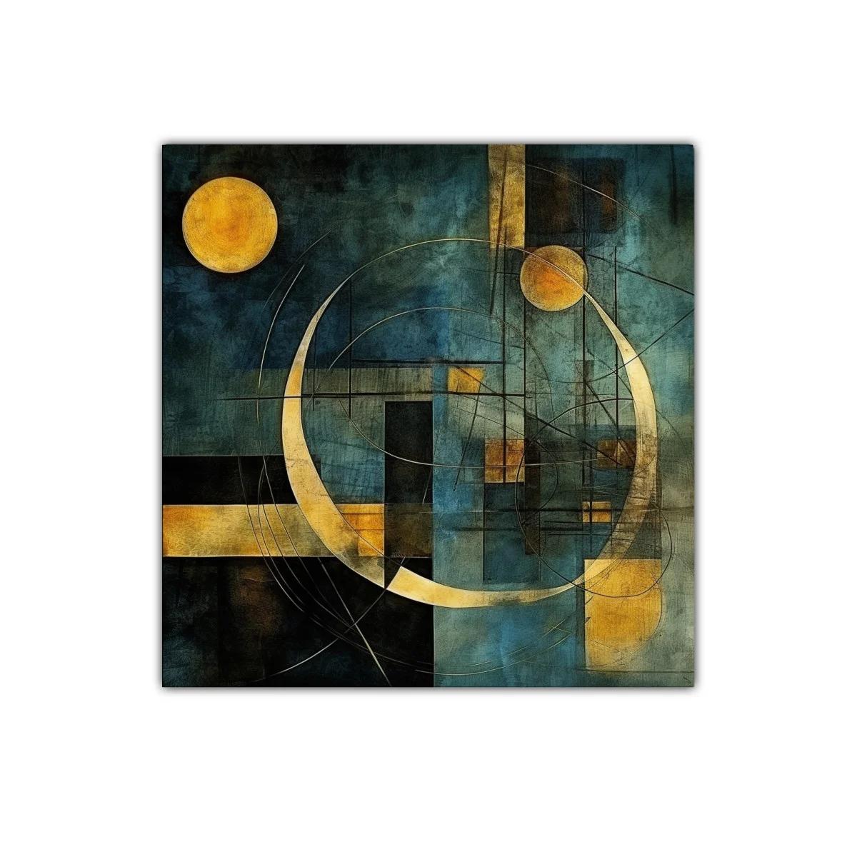 Composición geométrica con círculos dorados sobre fondo azul oscuro