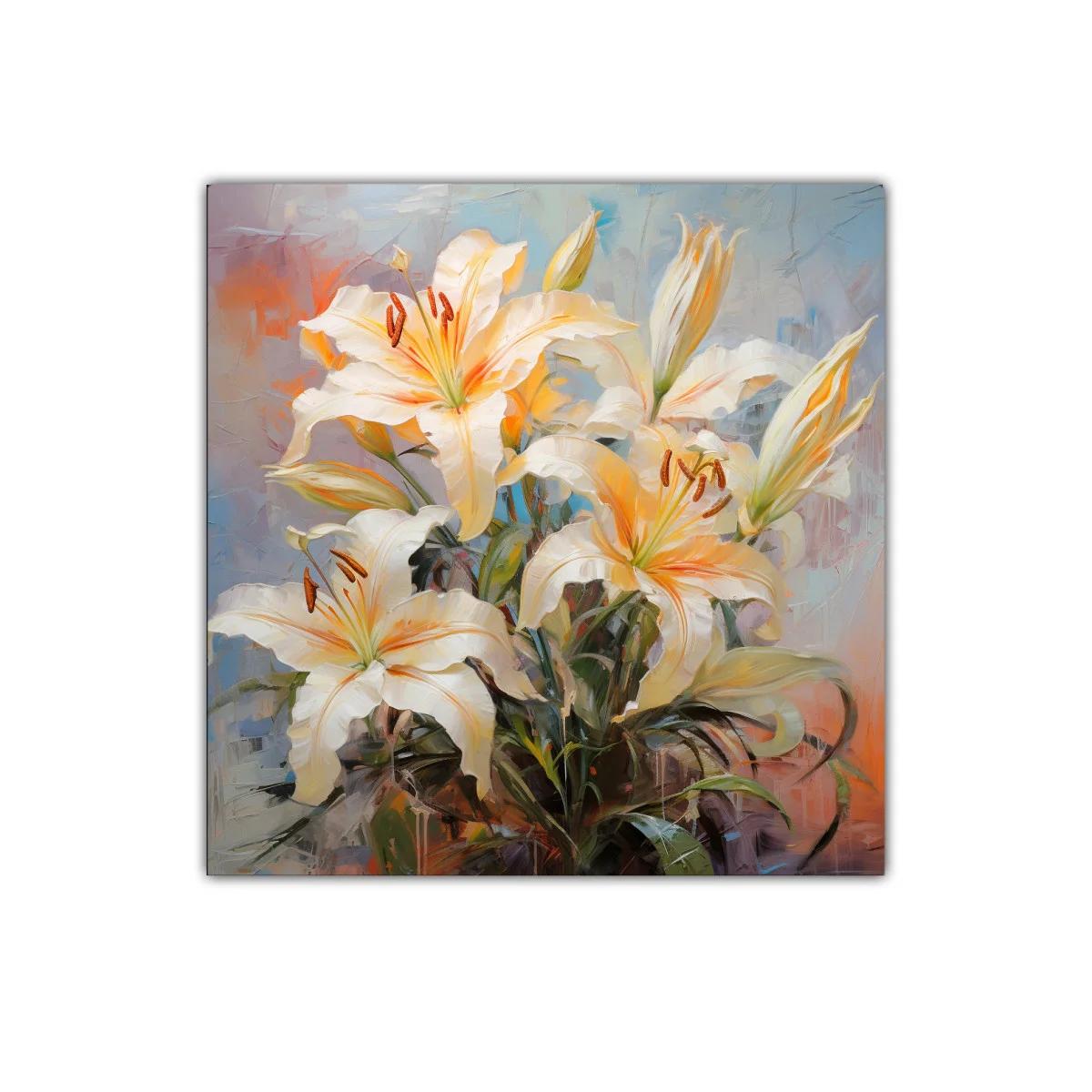 Cuadro decorativo con bouquet de lirios blancos y tonos cálidos — imagen principal