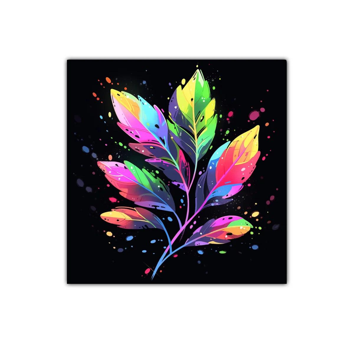 Cuadro decorativo con hojas multicolor sobre fondo negro