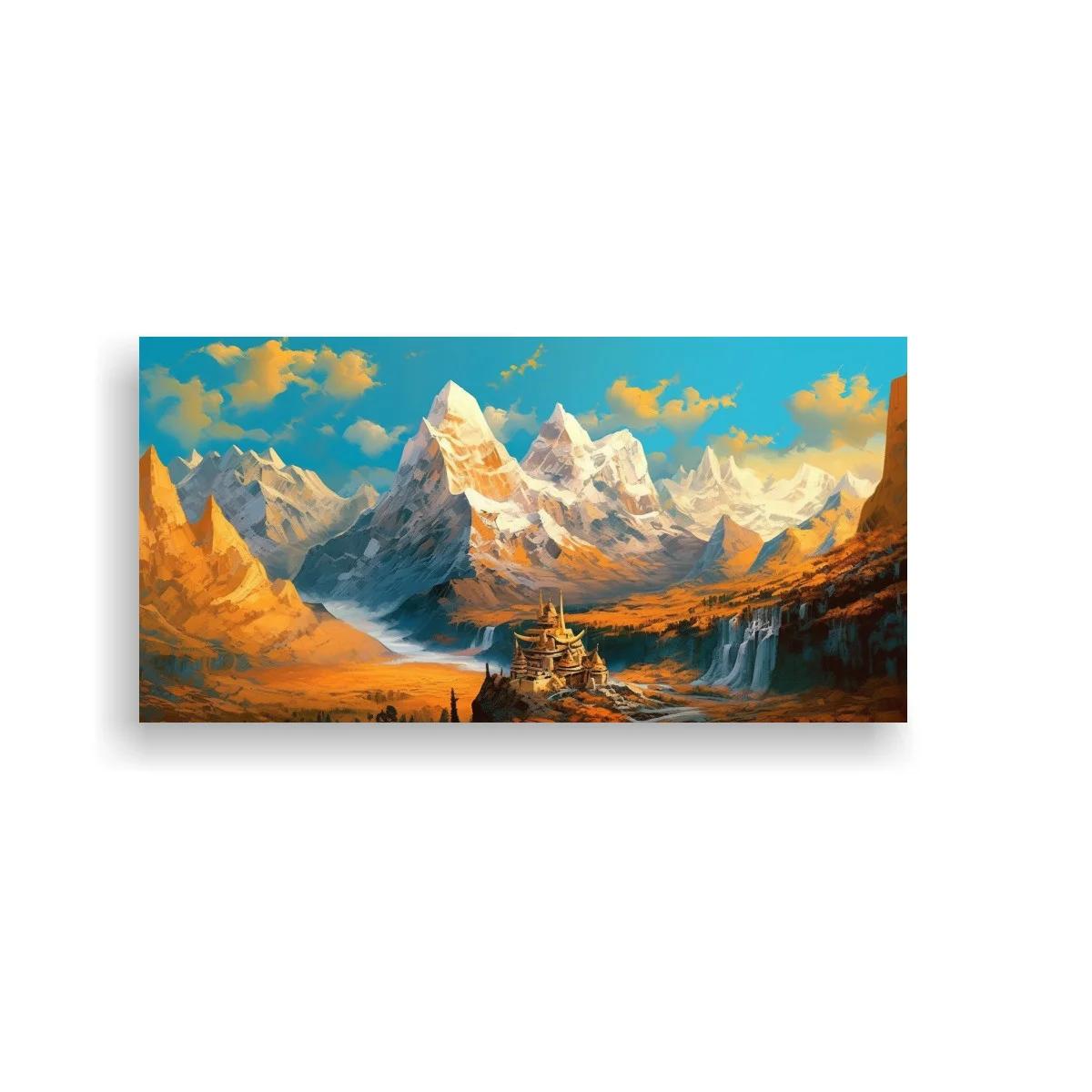 Cuadro cordillera nevada con templo escalonado