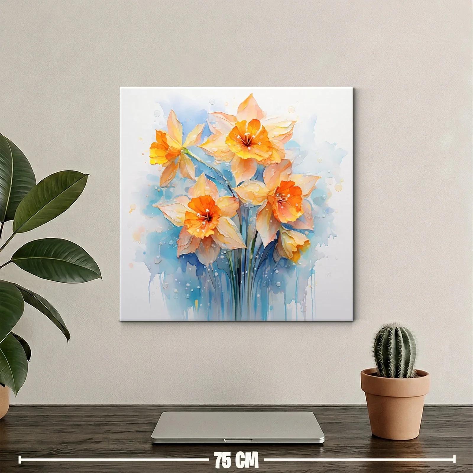 Cuadro floral con narcisos en tonos cálidos y azules suaves — miniatura 2