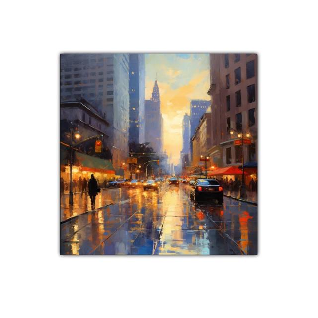 Atardecer urbano con reflejos en calle mojada