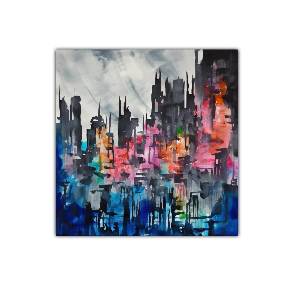 Ciudad abstracta con tonos vibrantes y contrastes intensos