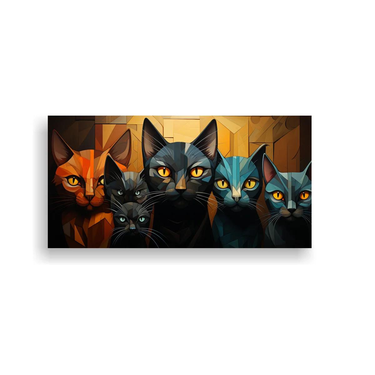 Cuadro grupo de gatos alineados en formas geométricas