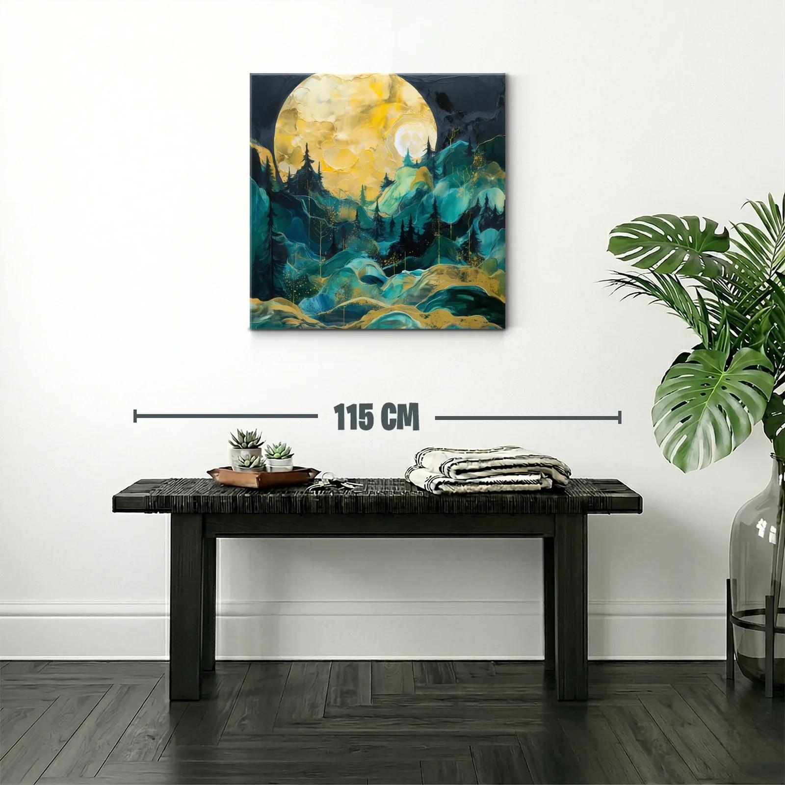 Paisaje Nocturno con Luna y Bosque en Tonos Dorados y Verdes — miniatura 2
