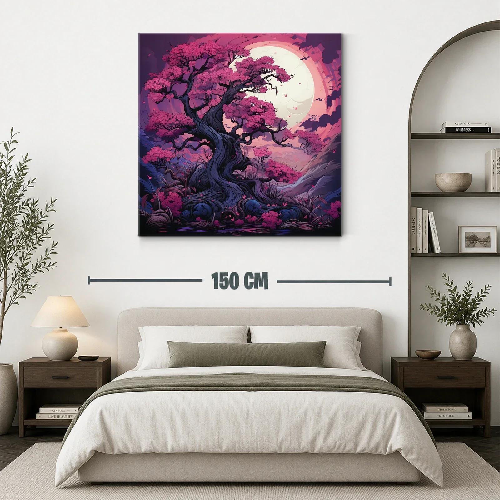 Árbol floreciente bajo luna llena en tonos vibrantes — miniatura 3