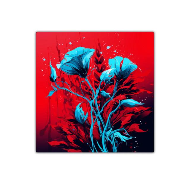 Cuadro decorativo con flores azules sobre fondo rojo vibrante