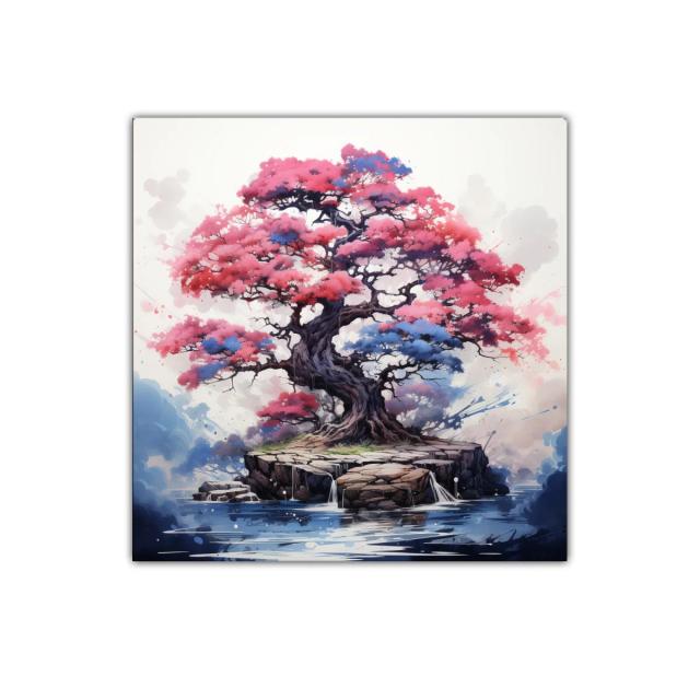 Árbol de colores vibrantes sobre isla rocosa en agua tranquila