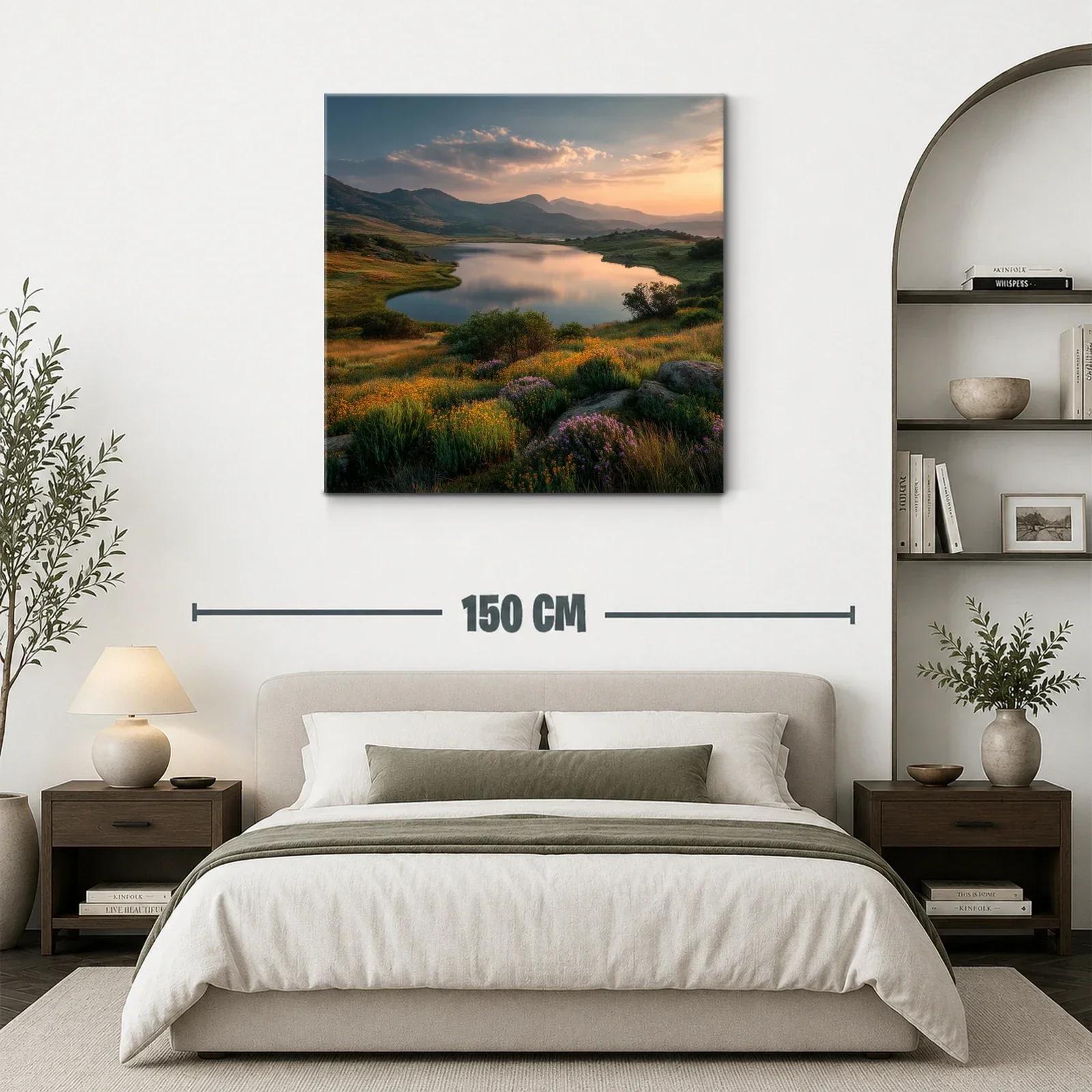 Paisaje sereno con lago y pradera en tonos cálidos — miniatura 3