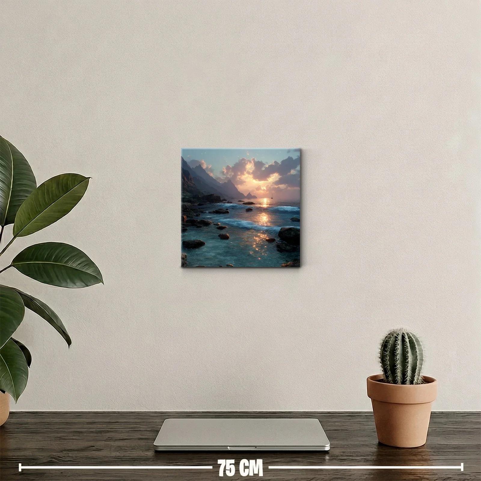 Paisaje costero con atardecer entre montañas rocosas — miniatura 2