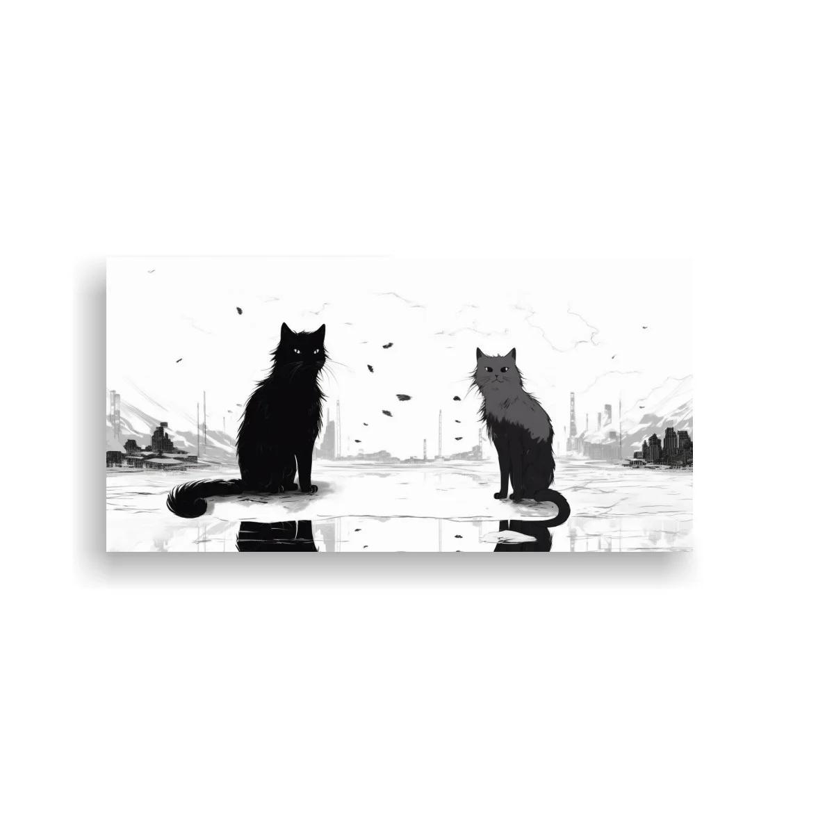 Cuadro dos gatos negros sobre superficie reflectante