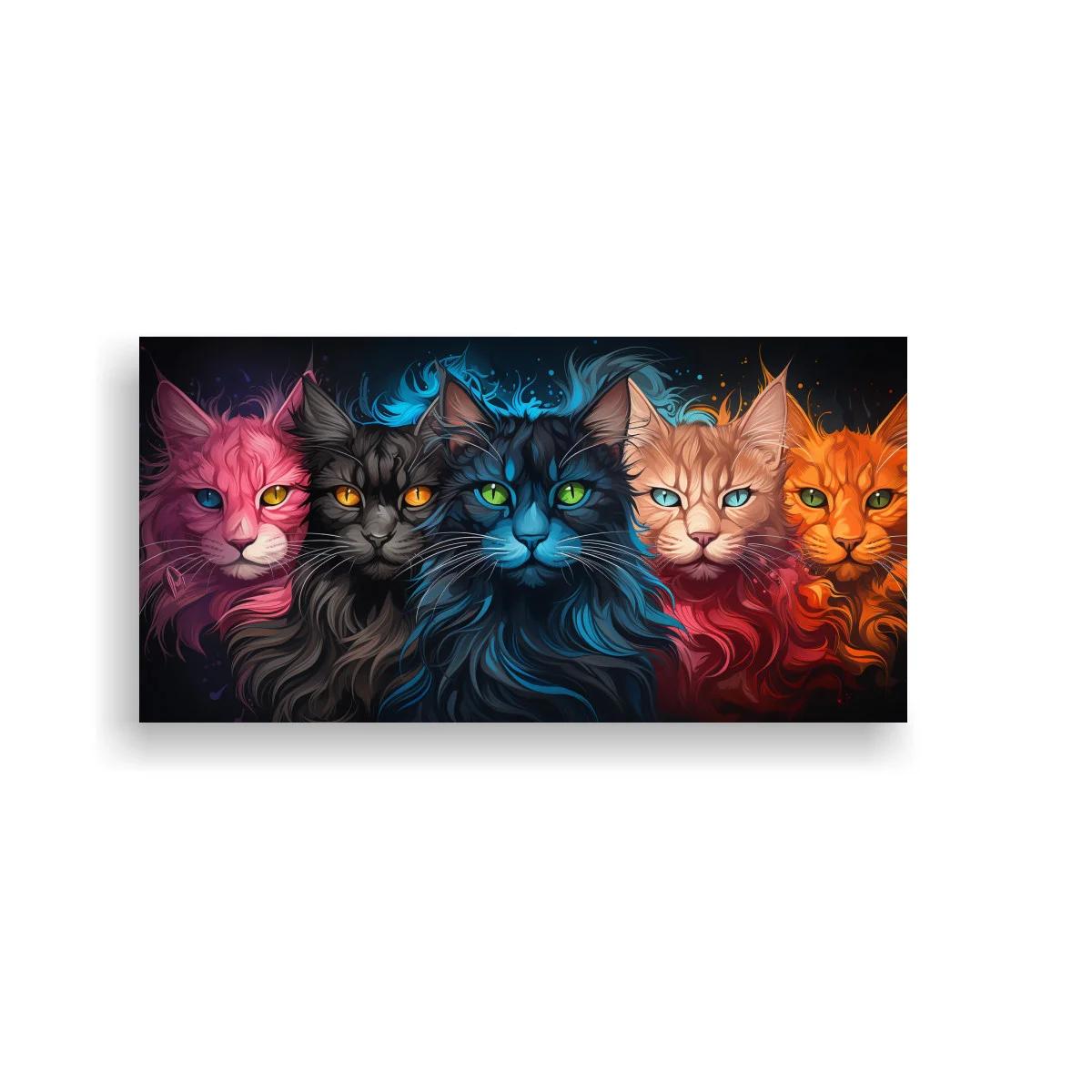 Cuadro cinco gatos de colores con brillo neón — imagen principal