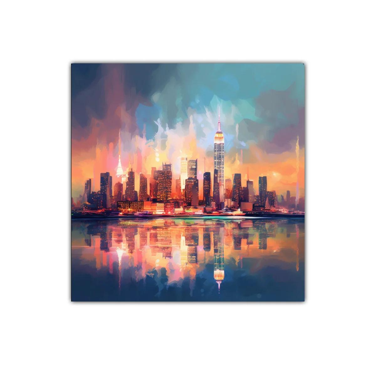 Atardecer vibrante en skyline urbano con reflejos vivos — imagen principal
