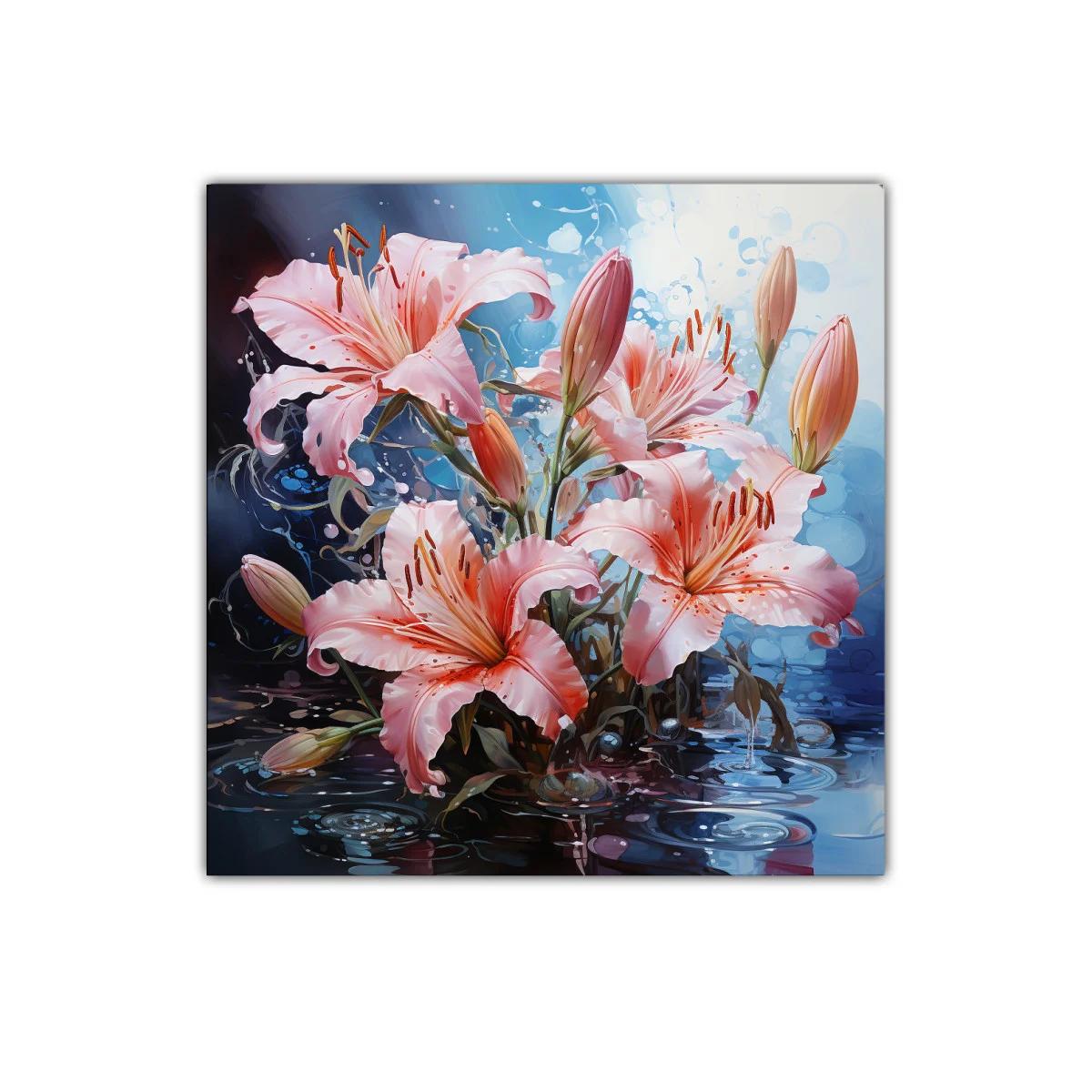 Ramo de lirios rosados con reflejos acuáticos brillantes